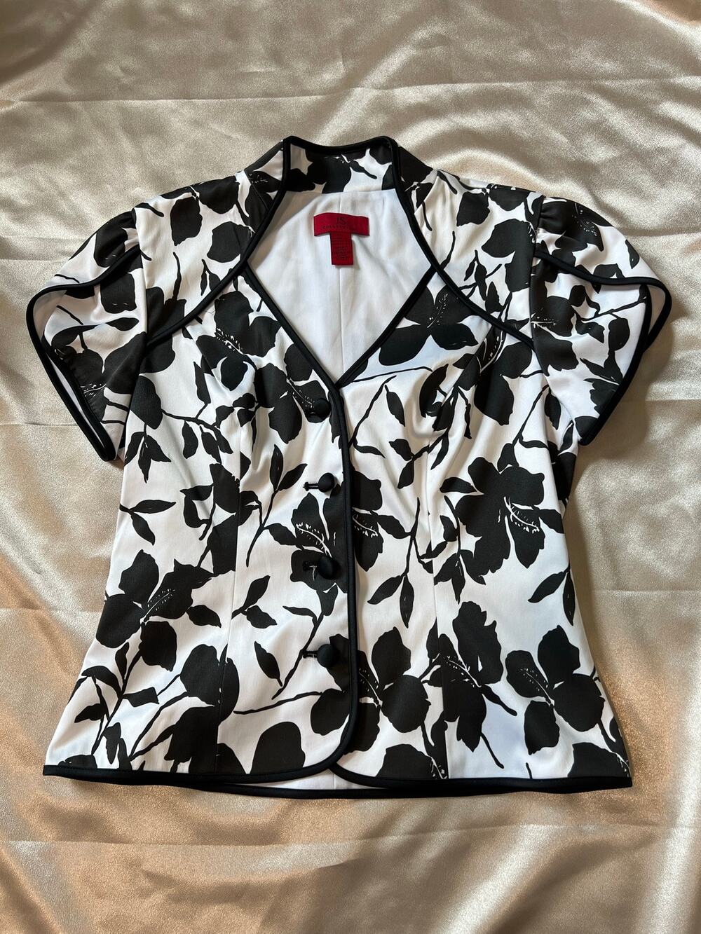 JS Collections Black & White Floral Button Front Blouse Top Size 4 Office Siren